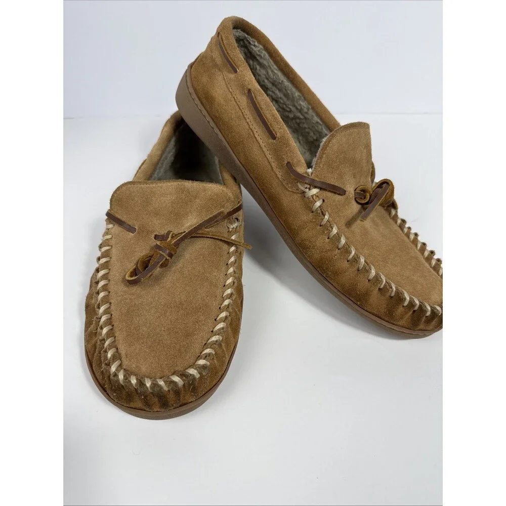 MINNETONKA TAN SUEDE LEATHER MEN'S MOCCASIN SLIPPERS FAUX FUR LINED SZ 10M